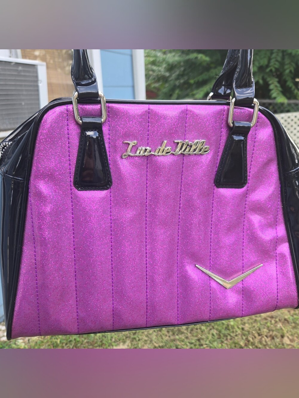 Lux de Ville Rockabilly Getaway Violet Sparkle and Black Tote Purse EUC HTF Rare